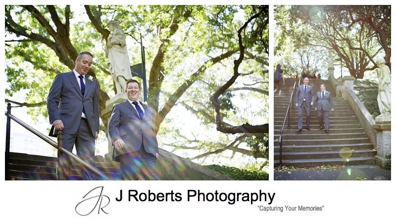 Groom and best man walking through the Royal Botanic Gardens Sydney - sydney wedding photography 
